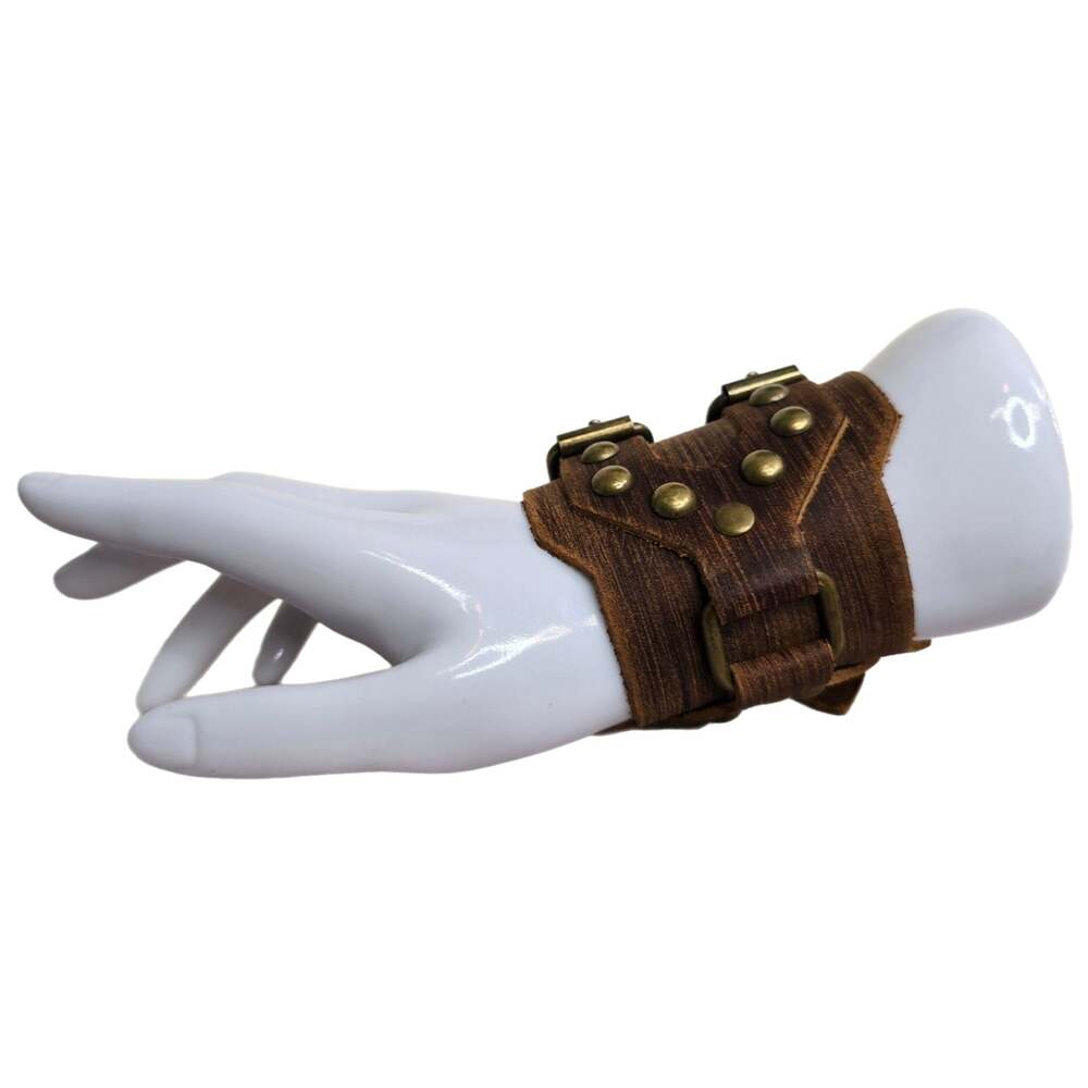 HZMAN Punk Rock Brown Leather Wide Cuff Bracelet Double Buckle Rivets